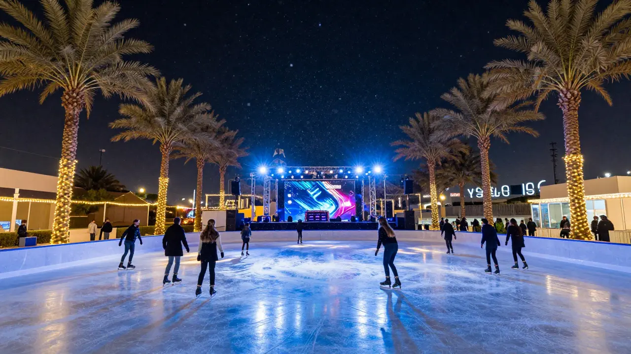 Yas Island Winter Festival ice rink with palm trees and DJ performance