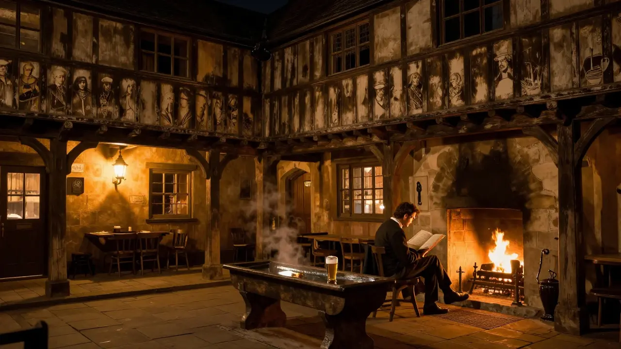 17th-century inn courtyard at night with lantern light, horse trough, and reader by fireplace.
