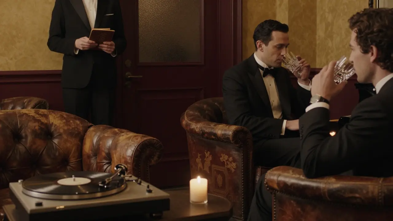 A candlelit lounge with a pianist playing, leather chairs, and a concierge holding a guest list, no phones or logos visible.