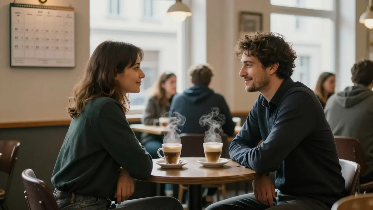 A client and escort having a respectful coffee meeting in a Berlin café, no physical intimacy, focused on connection.