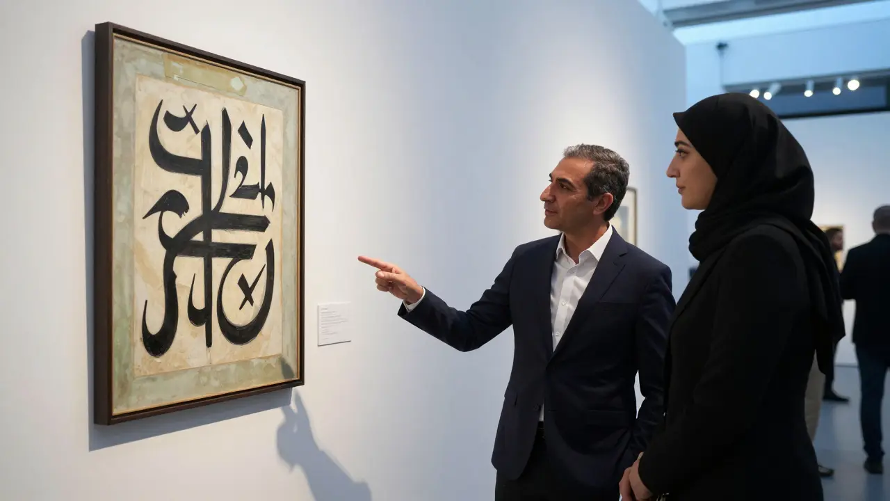 A couple observing art at Louvre Abu Dhabi at dusk, engaged in thoughtful dialogue, dressed formally, with no physical contact, emphasizing cultural refinement.