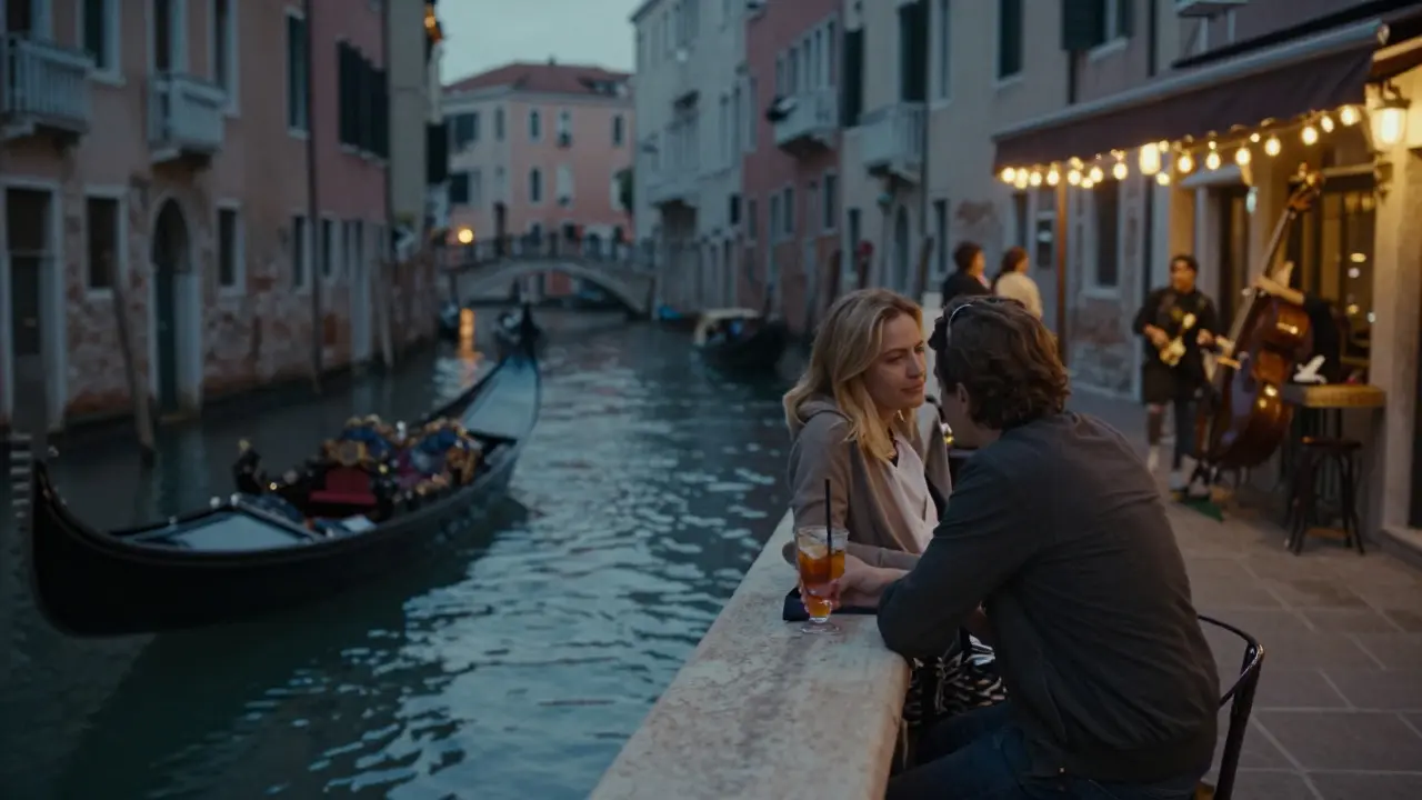 A couple relaxes by a canal in Navigli, sipping drinks under string lights at night.