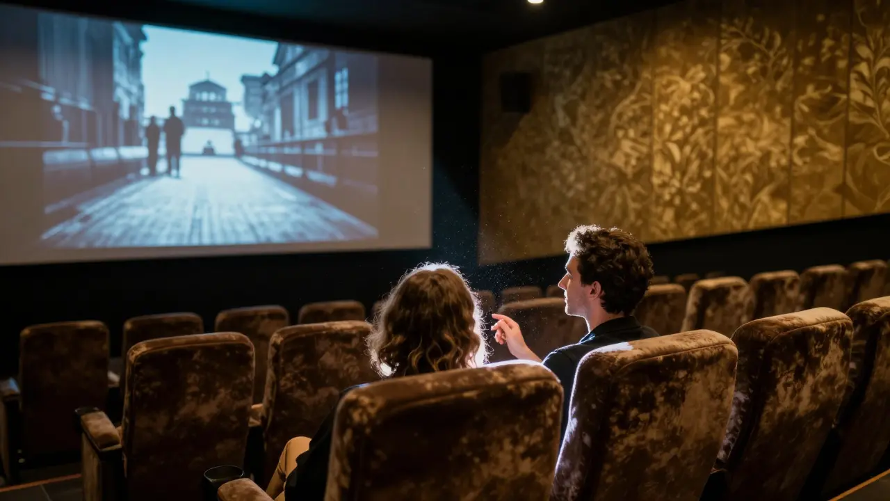 A couple watches a silent film in La Pagode cinema, their faces lit by flickering projector light in a quiet, silk-lined theater.