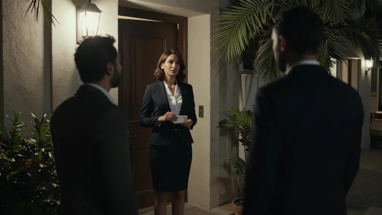 A discreet, professional meeting at a private residence in Jumeirah, with a deposit payment and calm nighttime atmosphere.