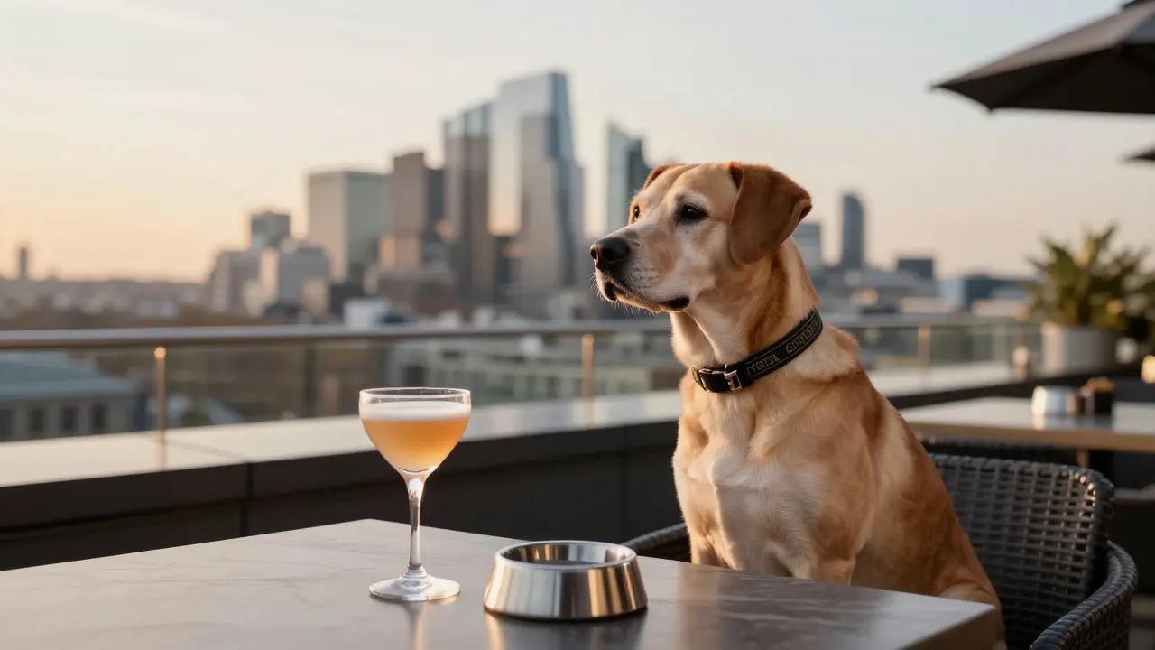 A dog sitting on a rooftop terrace next to a cocktail glass with city skyline.