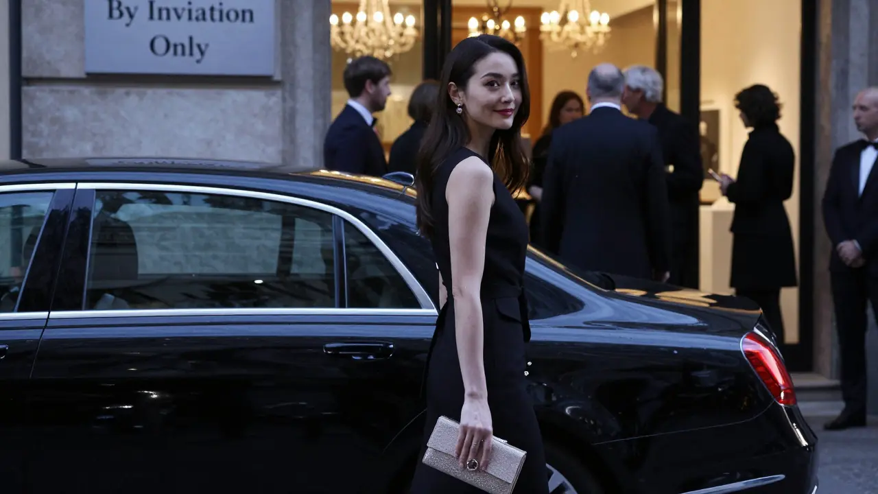 A elegantly dressed woman exits a luxury car outside a private gallery opening in Milan, blending into high society.