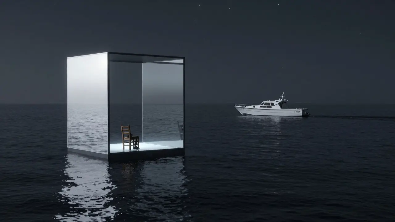 A glowing mirrored cube floating offshore with a solitary chair facing the horizon.