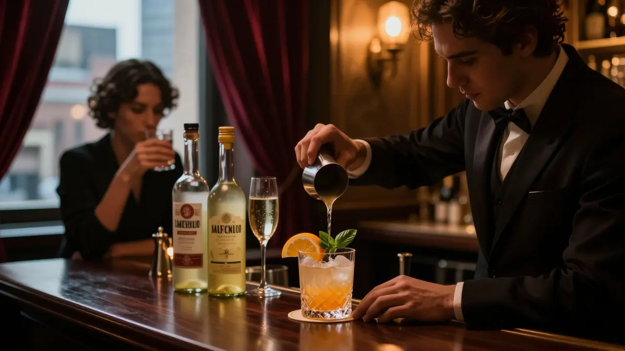 A guest sipping a crafted cocktail in a dim, velvet-lined speakeasy lounge.