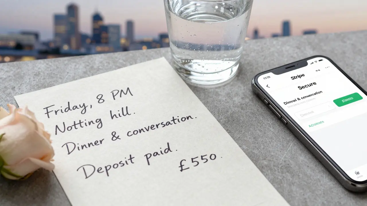 A handwritten booking confirmation with payment receipt and a rose beside a glass of water.