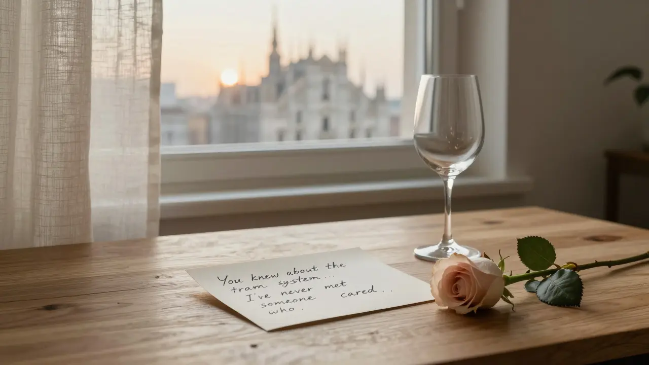 A handwritten note beside an empty wine glass and a rose, with the Duomo visible in the distance.