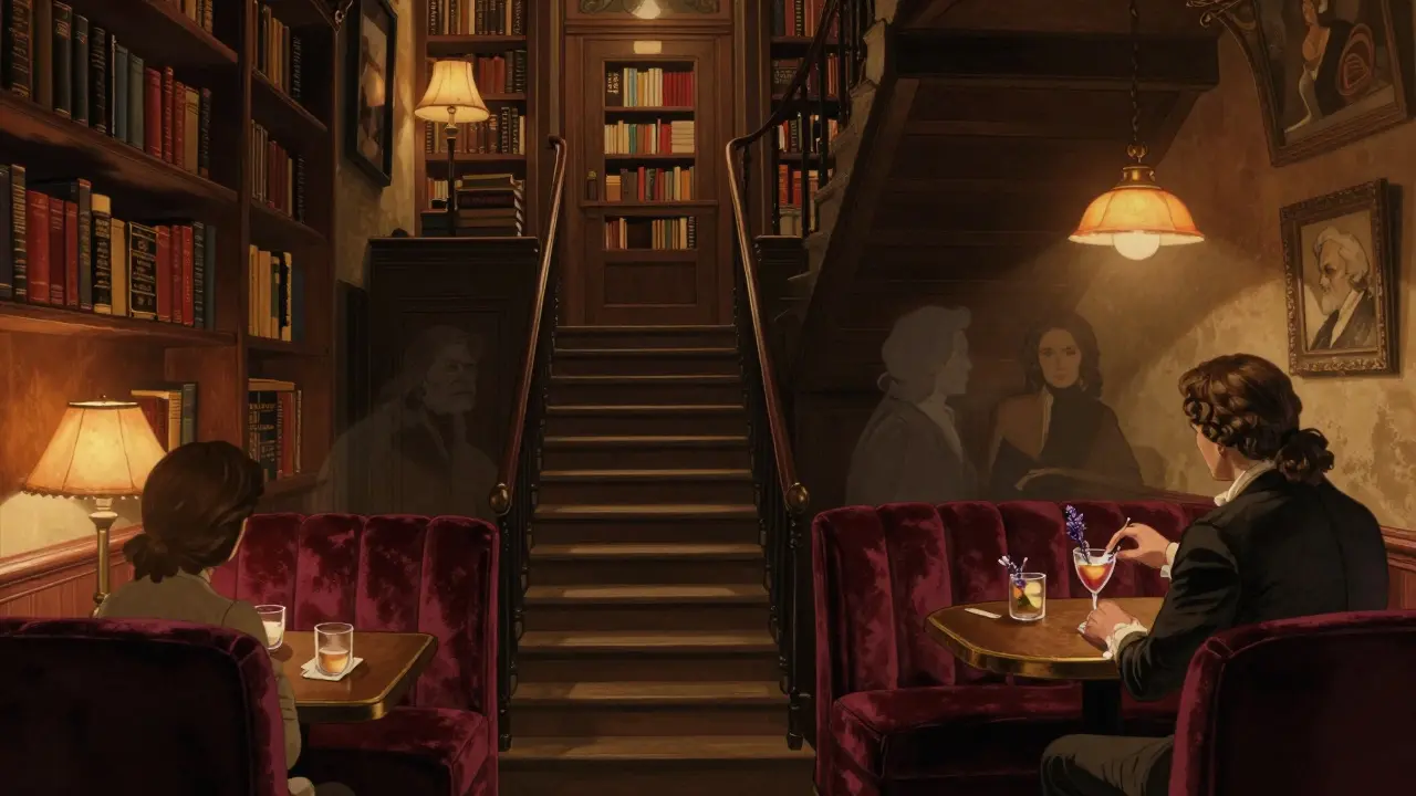 A hidden bar above a bookstore in Saint-Germain, dimly lit with velvet booths and ghostly historical figures.