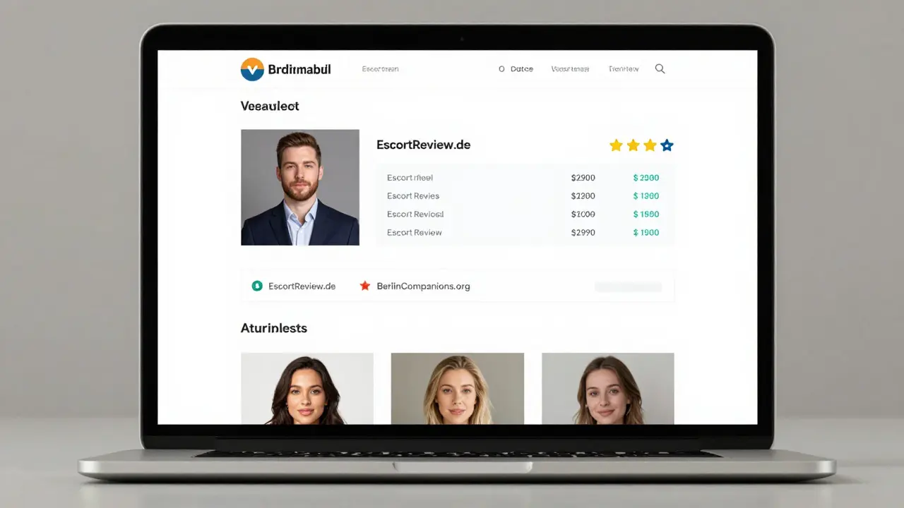 A laptop screen displaying a verified escort service website with transparent pricing and independent reviews.