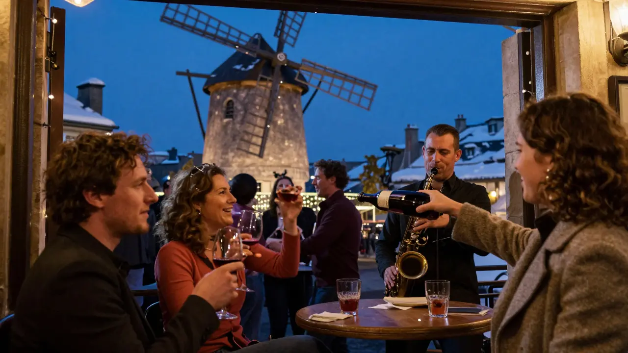 A lively Montmartre bar at night, locals dancing to saxophone music under string lights.