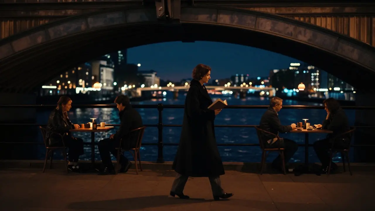 A lone figure walks along the Thames at night, reflections of quiet souls visible in distant cafes and libraries.