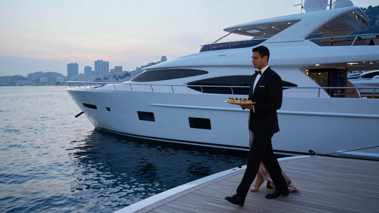 A luxury yacht at dawn on Monaco’s harbor, a waiter serving canapés on a silent teak deck under soft morning light.