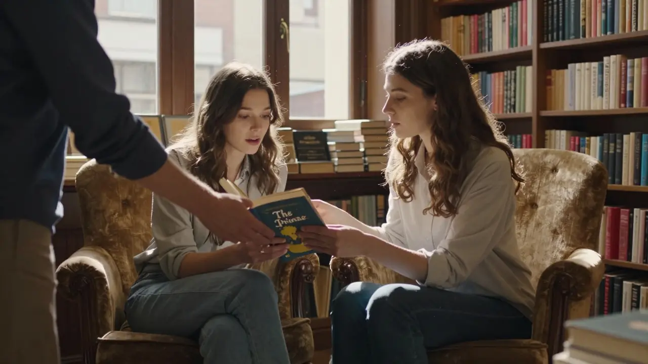 A man hands a copy of 'The Little Prince' to a woman in a Paris bookstore, sunlight streaming through windows.