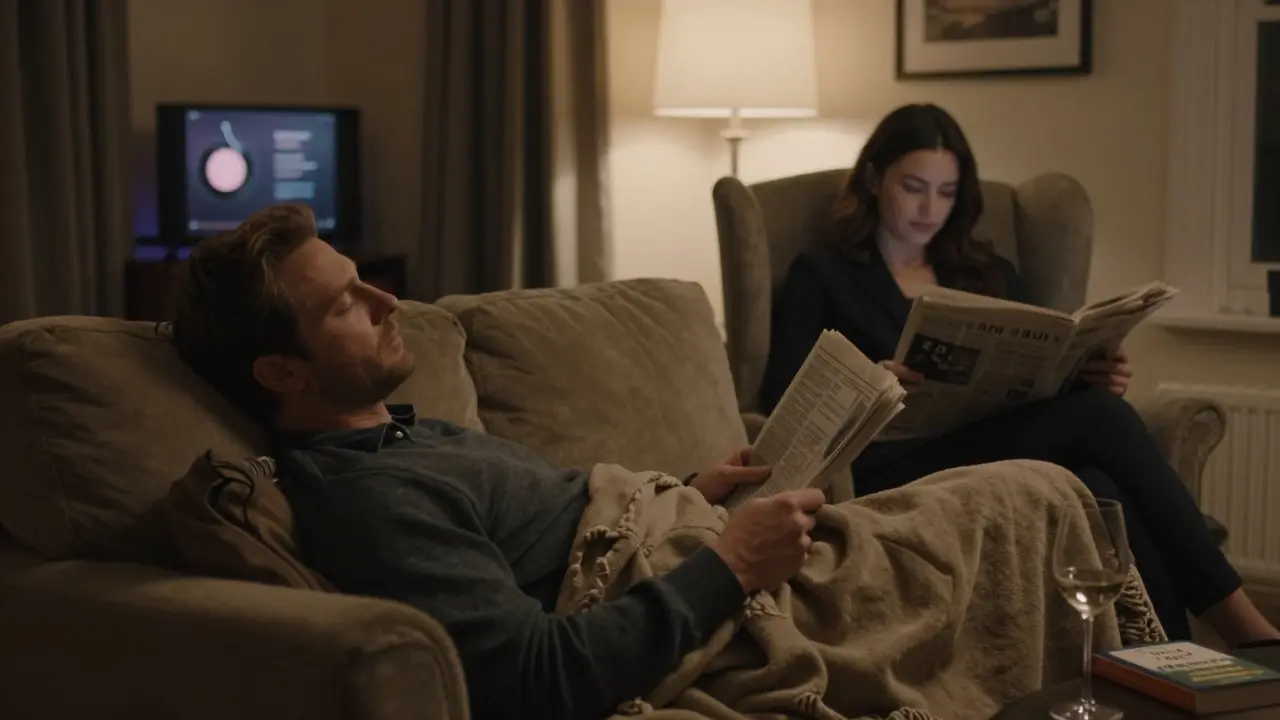 A man naps on a sofa in a dimly lit apartment, while a woman reads quietly beside him, no physical contact, only peaceful presence.