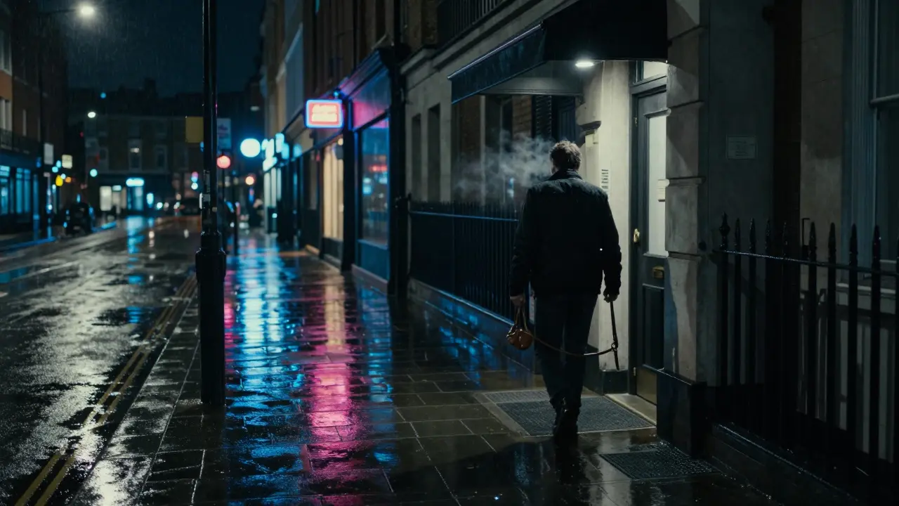 A man walking away from a dark apartment building at night in London, holding a money belt under rainy neon lights.