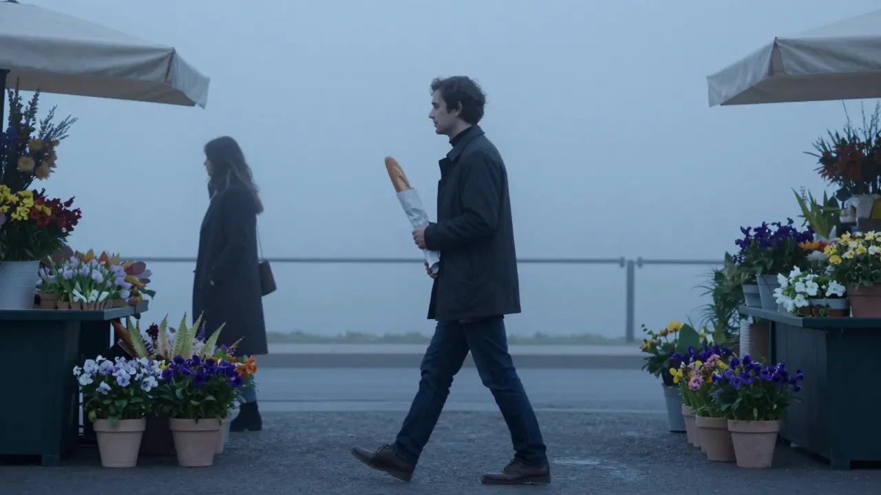 A man walks alone at dawn holding a baguette, passing flower stalls along Rue Cler.