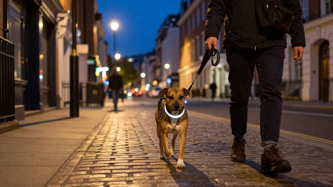 A person walking a dog on a lead down a lit London street at night.