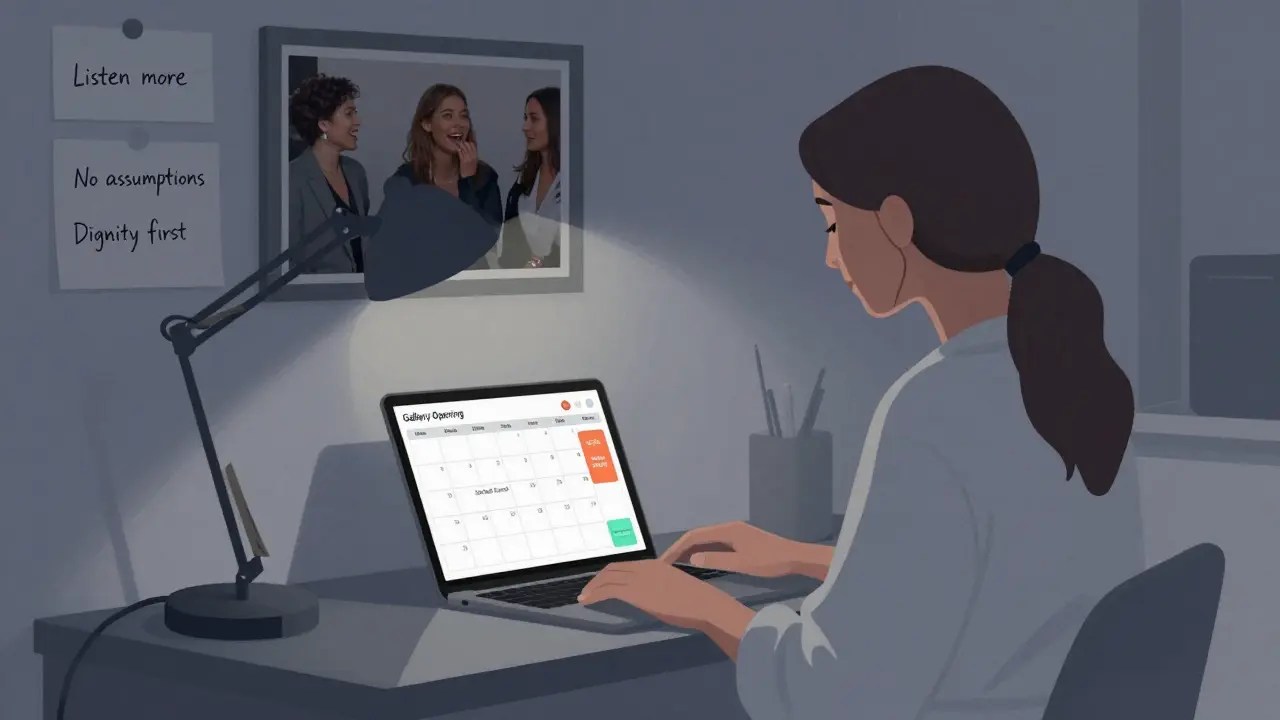 A professional escort reviewing her schedule in a quiet London apartment, surrounded by subtle reminders of her meaningful work.