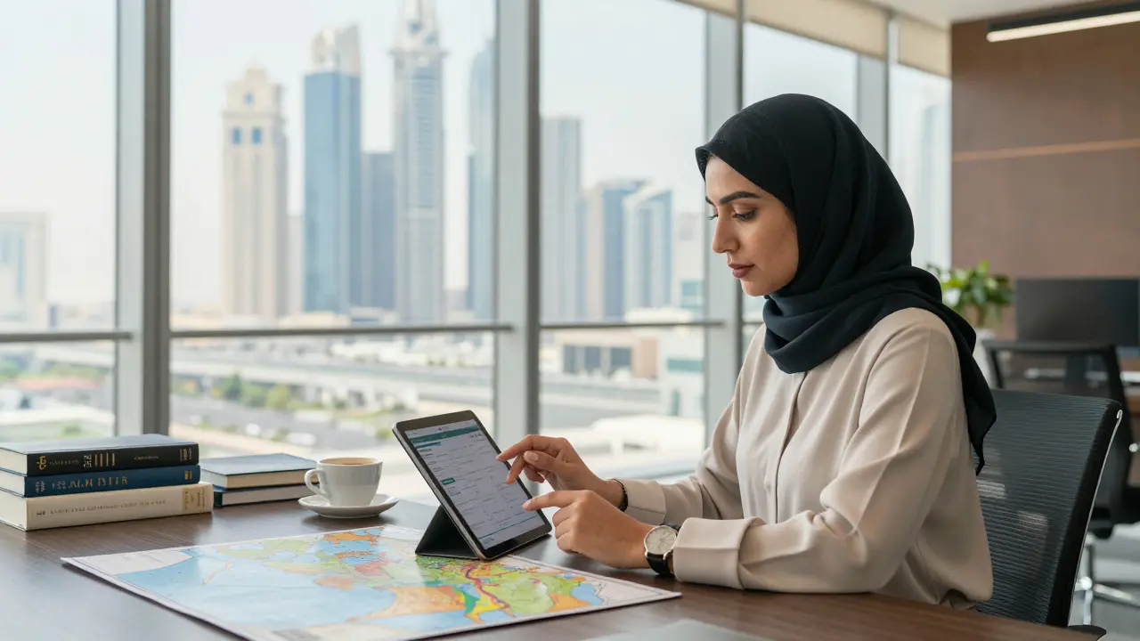 A professional female companion reviewing a client's schedule in a modern Abu Dhabi office, surrounded by books and city views, dressed conservatively and attentively.