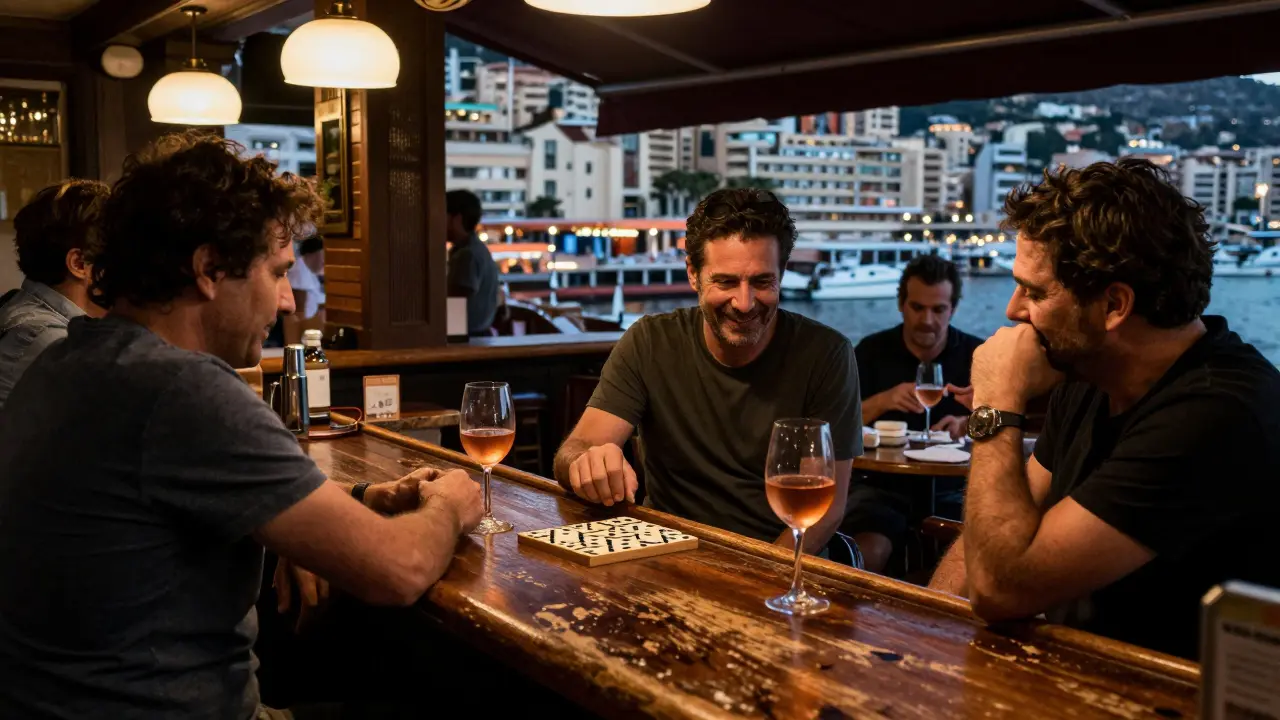 A quiet old port bar with locals playing dominoes, sipping rosé under soft lamplight, wooden counters worn smooth with age.