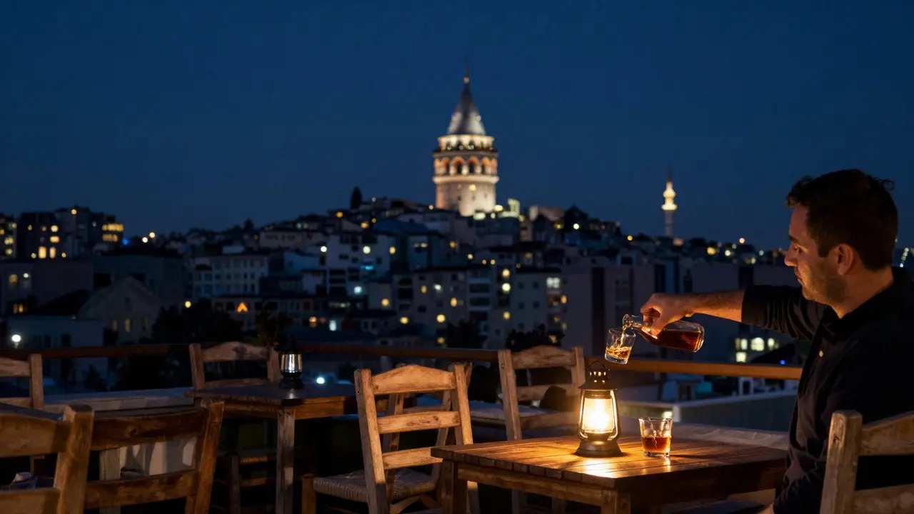 A quiet rooftop terrace at Asmali Mescit overlooking Istanbul's skyline at midnight with whiskey being poured.