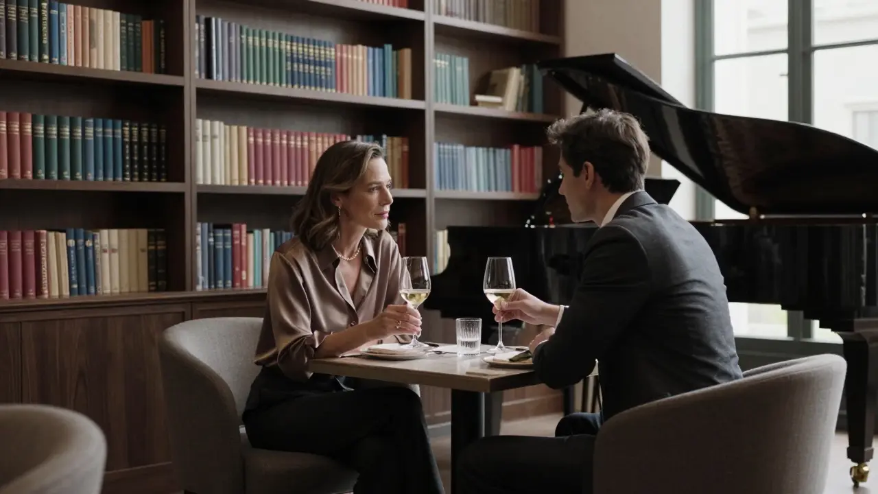 A refined couple in a private Paris lounge, sharing wine beside bookshelves, a piano in the background, no branding or text visible.