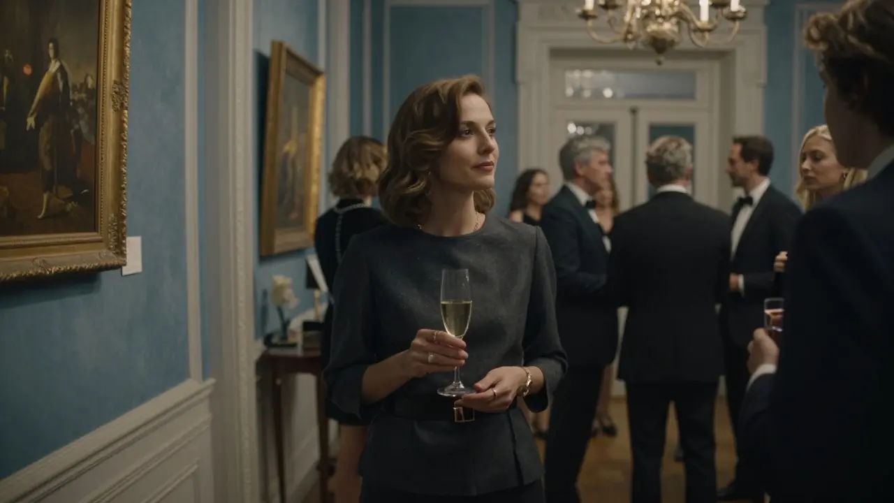 A refined woman blends seamlessly into a private art event in Paris, exuding calm presence among elites.