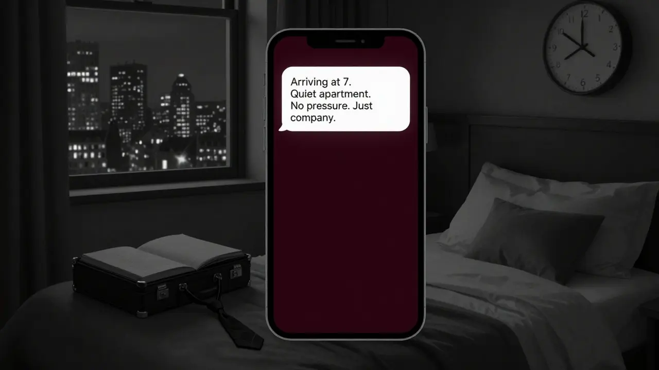 A smartphone screen displays a private message about a quiet companionship arrangement, with London’s city lights visible through the window.