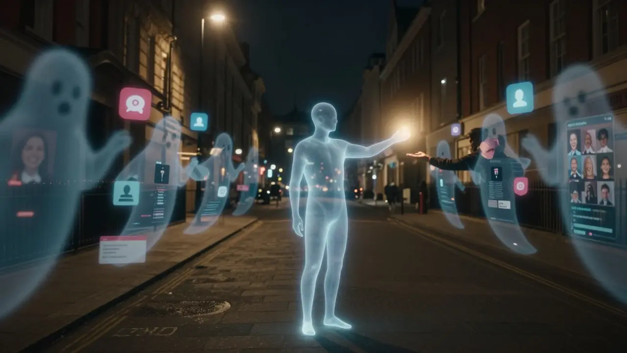 A solitary figure in a lonely city is drawn toward a warm human presence, symbolizing connection amid digital isolation.