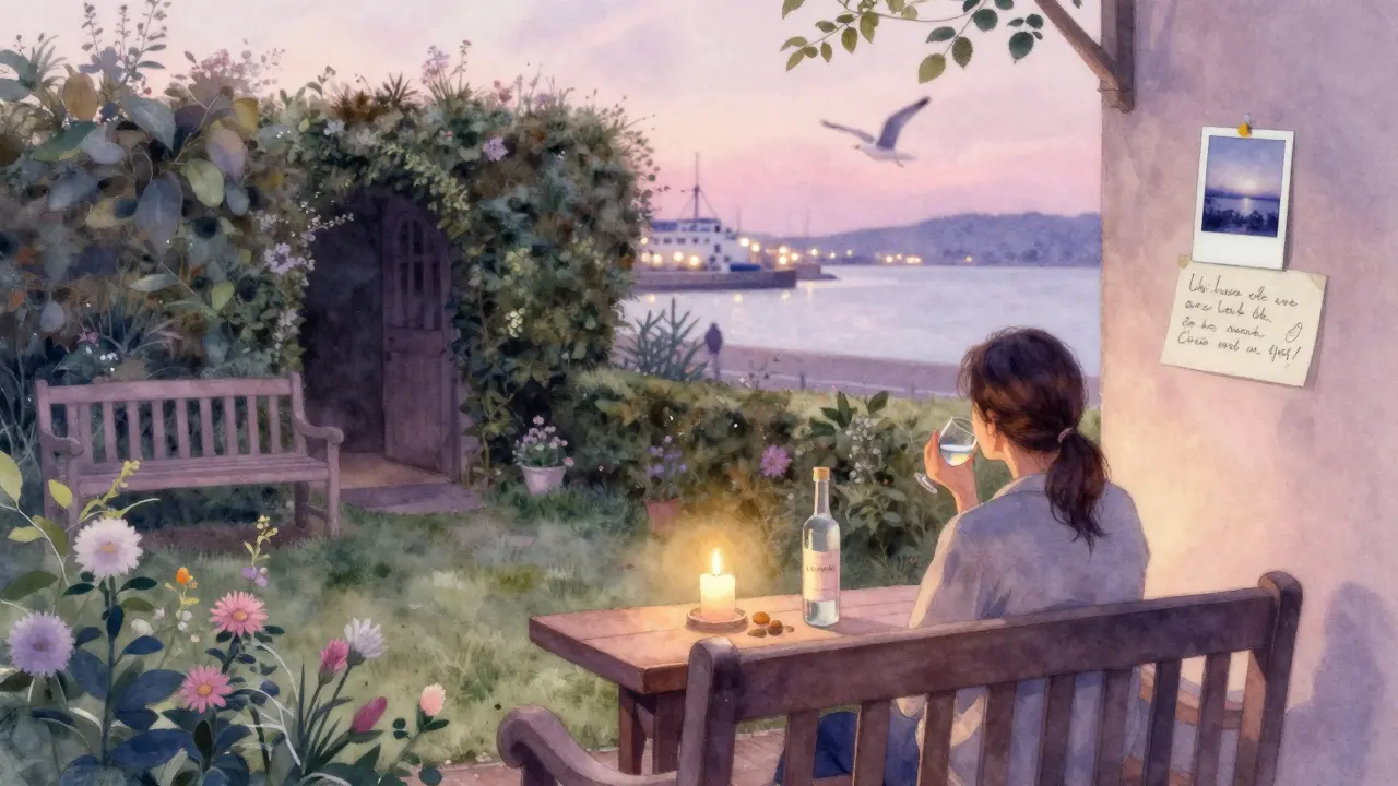 A solitary guest at Le Petit Jardin at dawn, candlelight glowing in a hidden garden behind a hedge.