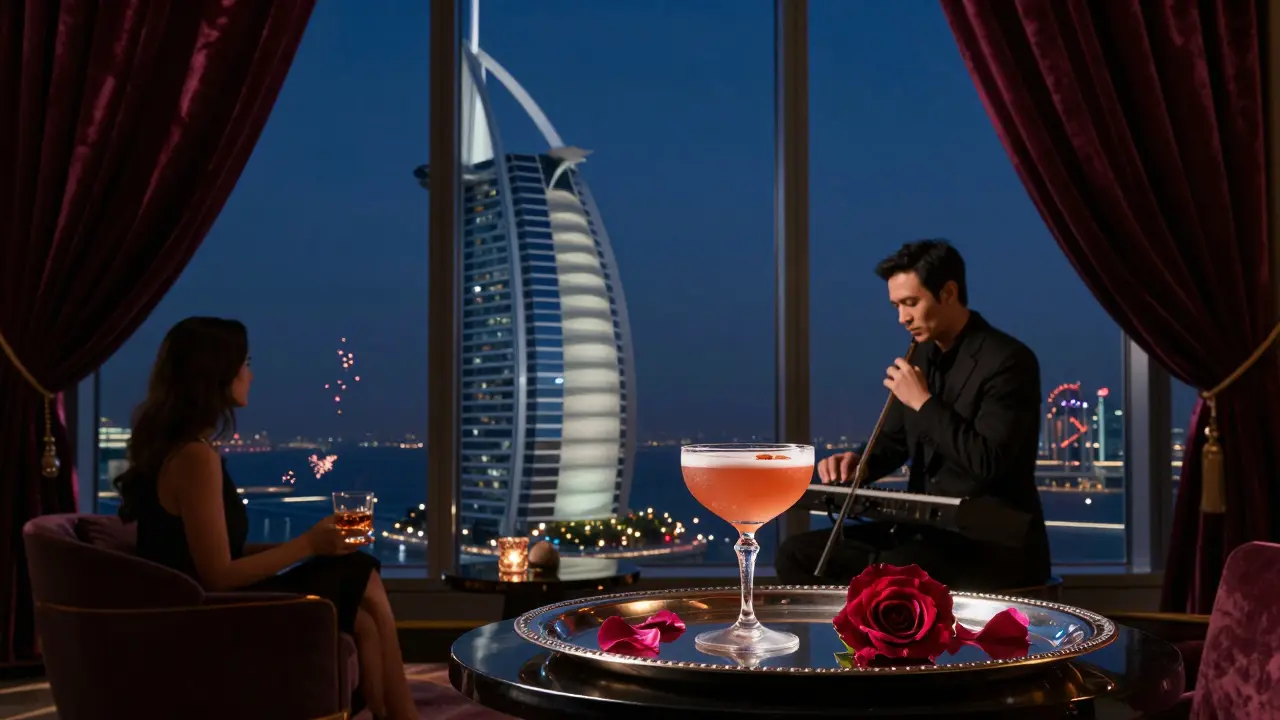 A solitary guest at The Penthouse lounge sipping a cocktail as jazz plays and the city lights twinkle below.