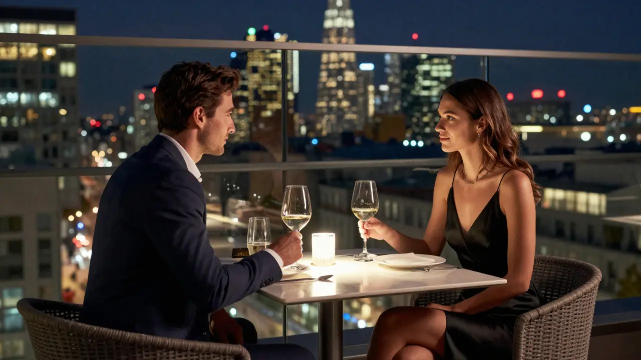 A sophisticated couple enjoys a rooftop dinner with Milan's skyline in the background.