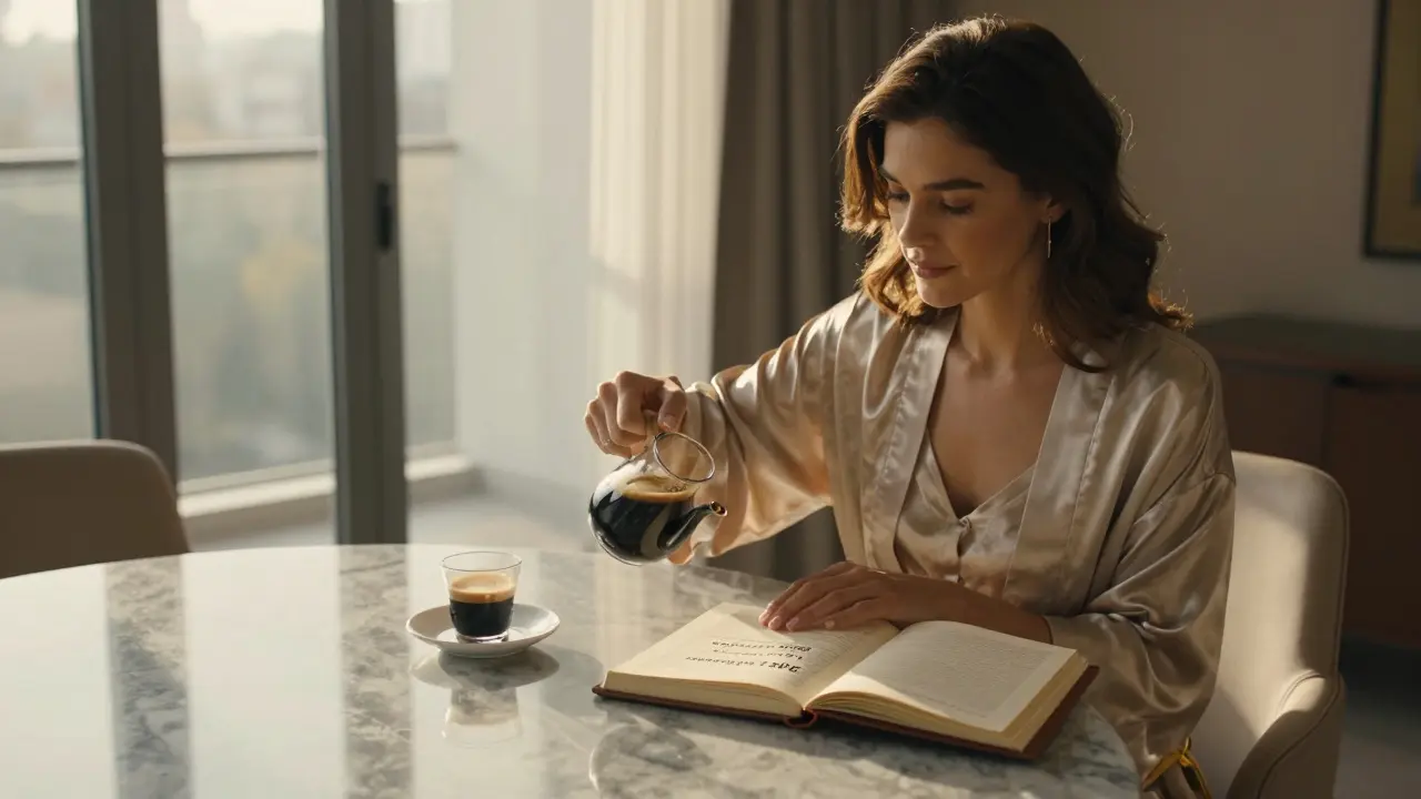 A sophisticated woman pouring espresso in a luxury apartment, with a personal journal detailing client preferences on the table.