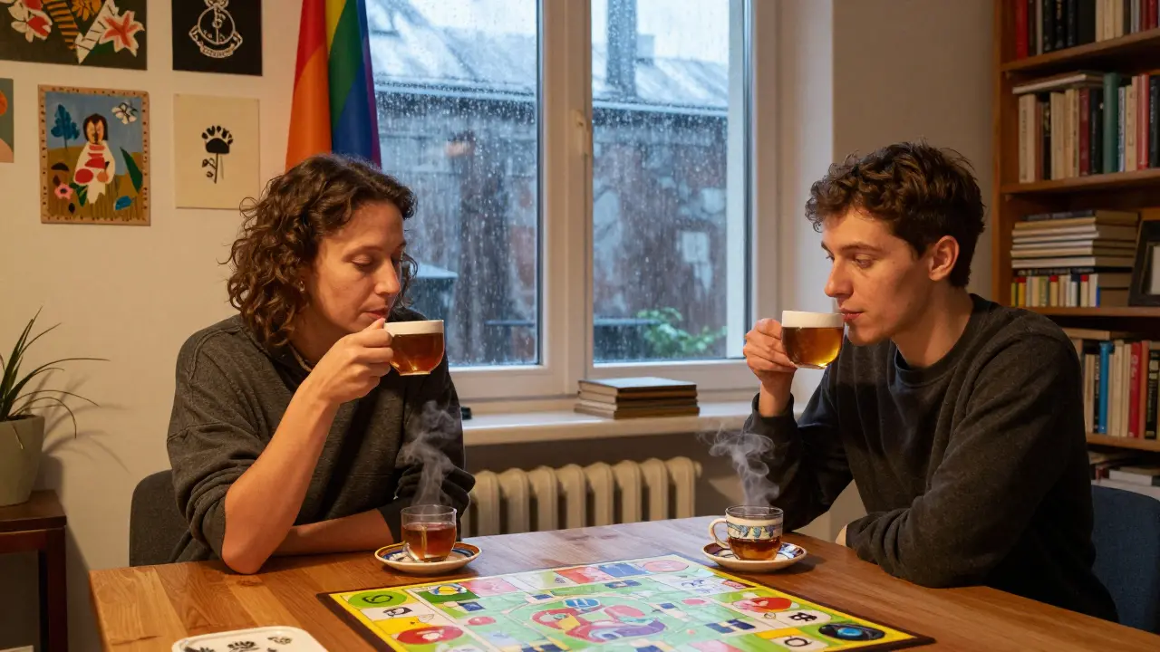 A trans woman and a young queer person share tea in a cozy apartment, rain tapping the window behind them.