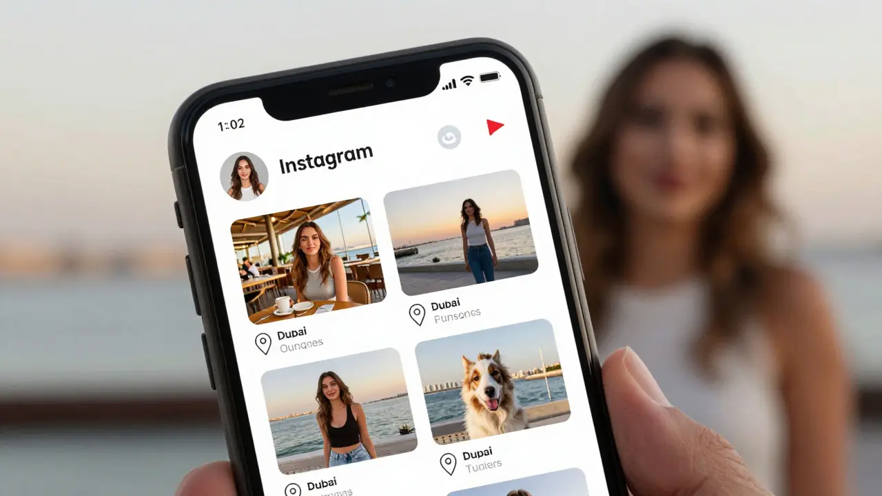 A verified social media profile showing authentic lifestyle photos of a Dubai escort, contrasted with a fake filtered image.