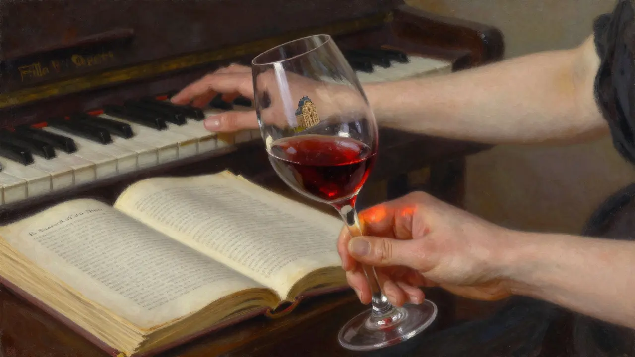 A wine glass reflects a painting as a book of Proust lies open, symbolizing the cultural depth and emotional training of a Parisian companion.