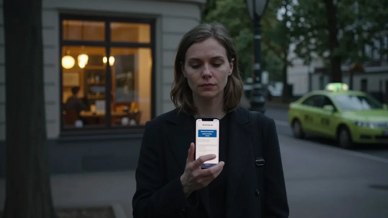 A woman choosing safety by declining a risky meeting and opting for a licensed service, with a taxi arriving.