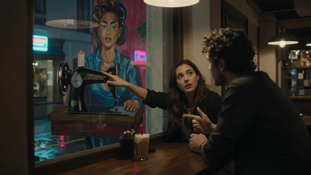 A woman listens as a man points to a vibrant street mural near Navigli at midnight.