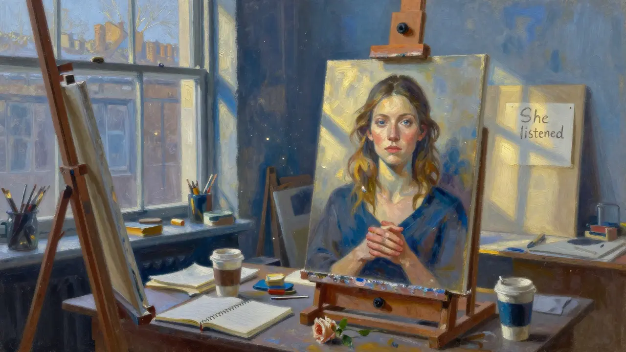 An artist paints a portrait of a calm woman in a Shoreditch studio, surrounded by notebooks and a single rose.