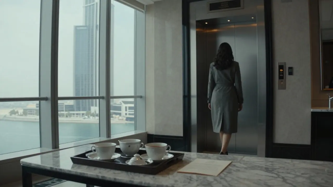 An elegant hotel room with a tea tray and empty space, suggesting a discreet, professional encounter.