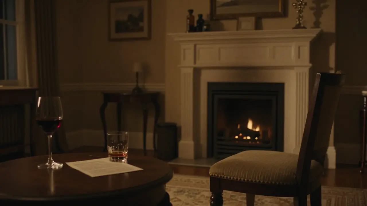 An empty chair by a fireplace in a luxury hotel room, with a half-drunk glass of wine and a folded note, suggesting unseen emotional connection.