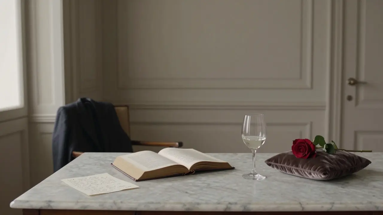 An empty study room in Milan with a half-drunk wine glass, open book, and single rose — the quiet aftermath of a meaningful encounter.