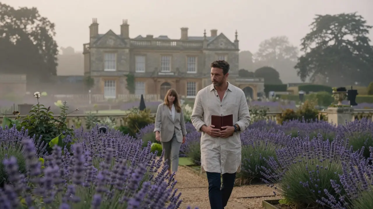 An escort and client walk through a misty lavender garden beside a historic manor, surrounded by serene countryside silence.
