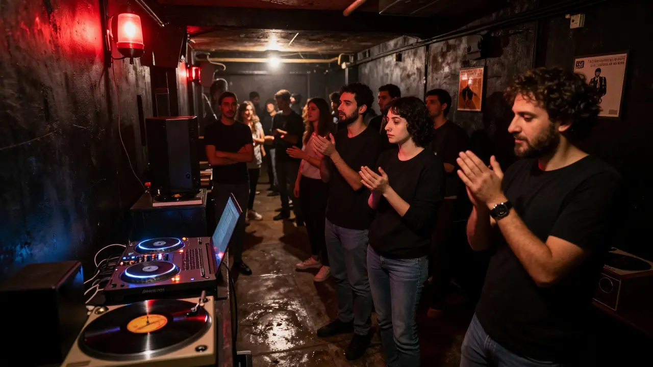 An underground club in Karaköy where a DJ plays a track made from street vendor sounds under red emergency lights.