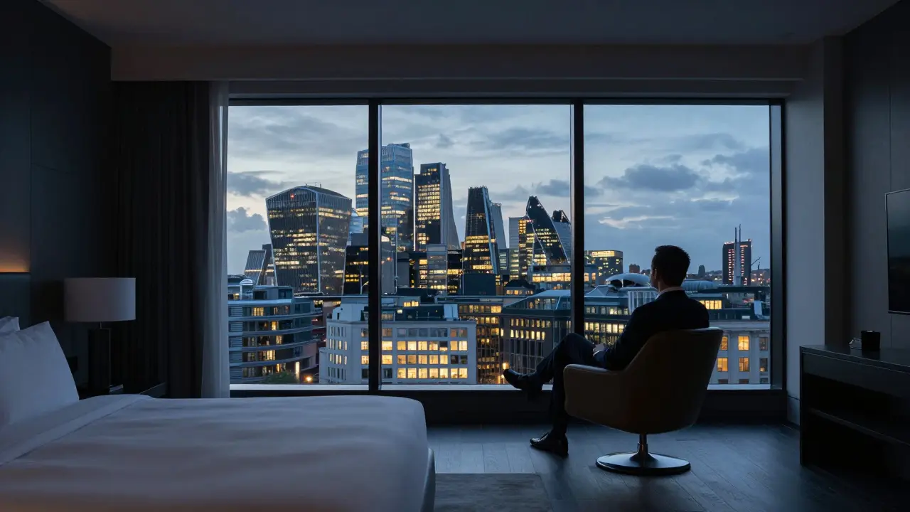 Business traveler sitting alone in a hotel room overlooking city skyline