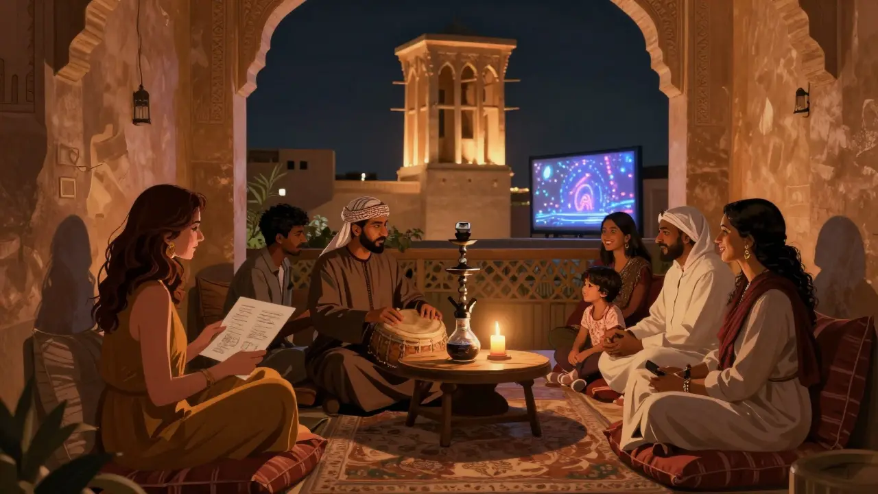 Candlelit Arabic terrace with shisha, artists, and percussionist under soft amber light, cultural fusion in quiet intimacy.