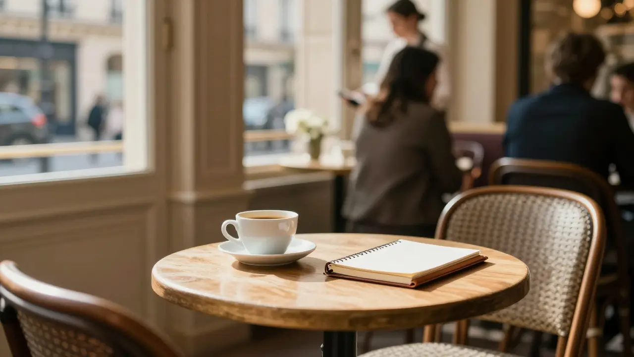 Coffee shop table with notebook and cup.